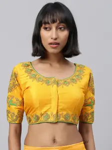Amrutam Fab Women Yellow & Beige Embroidered Saree Blouse