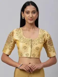 Amrutam Fab Women Beige & Gold-Toned Embroidered Saree Blouse