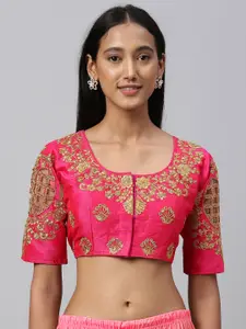 Amrutam Fab Women Pink & Golden Embroidered Silk Saree Blouse