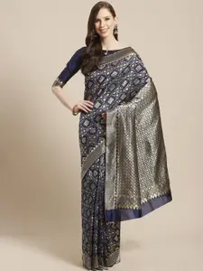 Mitera Navy Blue & Golden Woven Design Kanjeevaram Saree