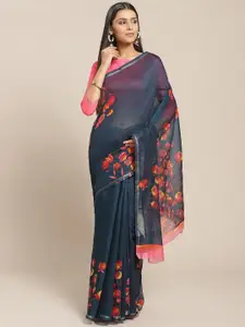Saree mall Navy Blue & Pink Floral Print Saree