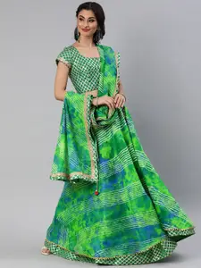 Geroo Jaipur Hand Dyed Green Kota Silk Stitched Lehenga With Dupatta