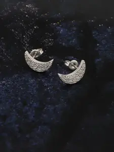 Carlton London Silver-Toned Rhodium-Plated CZ Studded Crescent Shaped Studs
