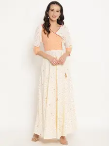 Ahalyaa Women Cream-Coloured Peach-Coloured Bandhani Print Angrakha Dress