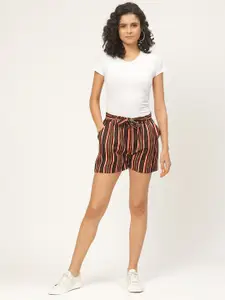 WISSTLER Women Coffee Brown & Orange Striped Regular Fit Shorts
