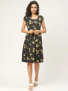 WISSTLER Women Black & Yellow Floral Printed A-Line Dress