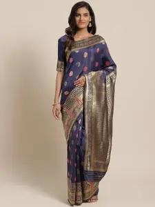Saree mall Navy Blue & Golden Woven Design Banarasi Saree