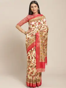 Saree mall Cream-Coloured & Red Floral Printed Saree