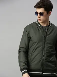 WROGN Men Olive Green Slim Fit Solid Varsity Jacket