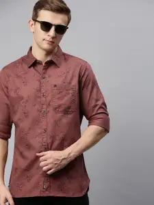 WROGN Men Coral Red & Navy Blue Slim Fit Printed Casual Shirt