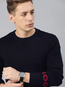 WROGN Men Navy Blue Slim Fit Solid Pullover Sweater with Print