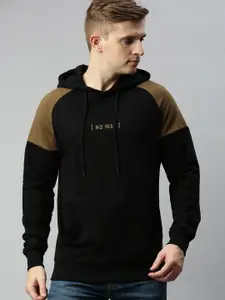 WROGN Men Black Slim Fit Solid Hooded Sweatshirt with Printed Detail