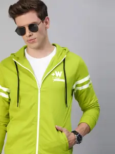 WROGN Men Lime Green Slim Fit Solid Hooded Sweatshirt With Printed Detailing