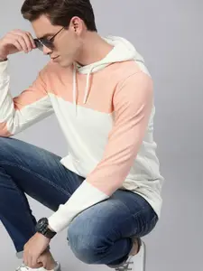 WROGN Men White & Pink Colourblocked Hooded Sweatshirt