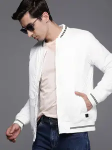 WROGN Men White Slim Fit Solid Varsity Jacket