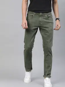 WROGN Men Olive Green Slim Fit Mid-Rise Clean Look Stretchable Jeans
