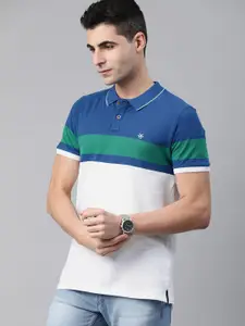 WROGN Men White  Blue Slim Fit Colourblocked Polo Collar Pure Cotton T-shirt