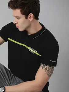 WROGN Men Black Printed Polo Collar Pure Cotton T-shirt
