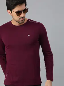 WROGN Men Burgundy Slim Fit Solid Round Neck Pure Cotton T-shirt