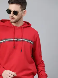 WROGN Men Red Printed Slim Fit Hooded Pullover Sweatshirt