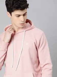 WROGN Men Pink Solid Hooded Sweatshirt
