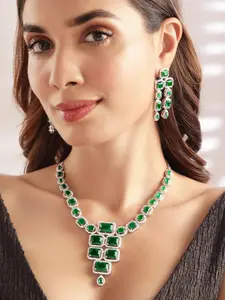 Rubans Silver-Plated Emerald & Cubic Zirconia Studded Premium Statement Necklace Set