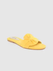 Funku Fashion Women Yellow Solid Velvet Bow Detail Open Toe Flats