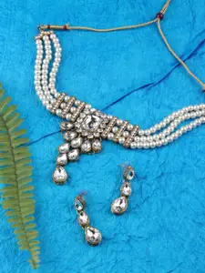 AccessHer Brass-Plated & Off-White Choker Style Necklace & Earring Set