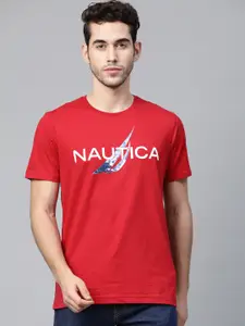 Nautica Men Red Brand Logo Print Round Neck T-shirt