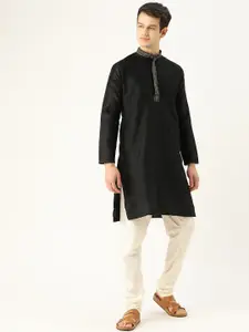 SOJANYA Men Black & Off-White Self Design Kurta with Churidar