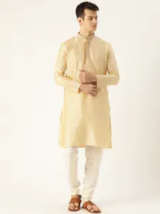 SOJANYA Men Beige & Off-White Paisley Embroidered Kurta with Solid Churidar