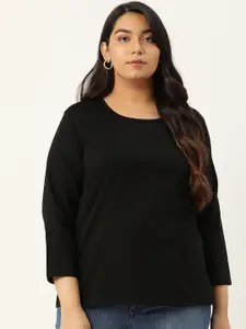 Rute Women Black Solid Plus Size Round Neck Pure Cotton T-shirt