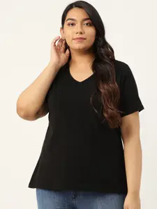 Rute Women Black Solid V-Neck Plus Size T-shirt