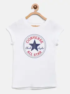 Converse Girls White & Navy Brand Logo Print Round Neck T-shirt