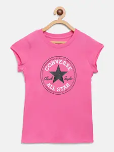 Converse Girls Pink  Black Brand Logo Print Round Neck Pure Cotton T-shirt