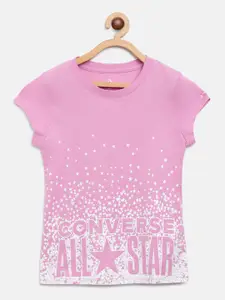 Converse Girls Pink  White Star Print Round Neck Pure Cotton T-shirt