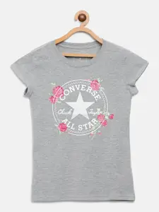 Converse Girls Grey Melange & White Brand Logo Print Round Neck T-shirt