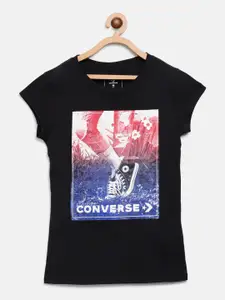 Converse Girls Black & Blue Brand Logo & Graphic Print Round Neck T-shirt