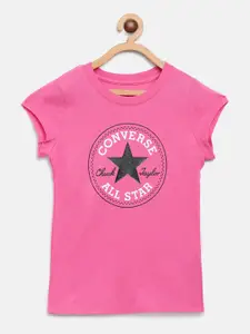 Converse Girls Pink Printed Round Neck Pure Cotton T-shirt