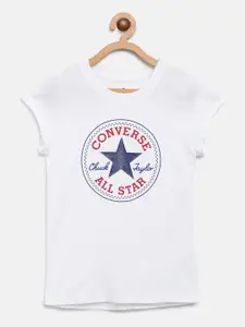 Converse Girls White & Navy Brand Logo Print Round Neck T-shirt