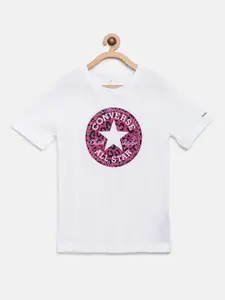 Converse Girls White & Magenta Brand Logo Print Round Neck T-shirt