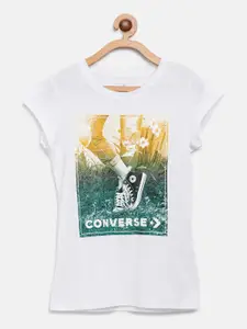 Converse Girls White & Green Graphic & Brand Logo Print Round Neck T-shirt