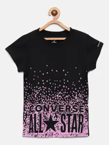 Converse Girls Black & Pink Star Print Round Neck T-shirt