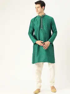 SOJANYA Men Green & Off-White Paisley Embroidered Kurta with Churidar