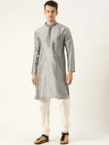 SOJANYA Men Charcoal Grey & Off-White Paisley Embroidered Kurta with Solid Churidar