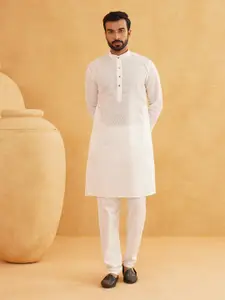SOJANYA Men Off-White Chikankari Embroidered Kurta with Churidar