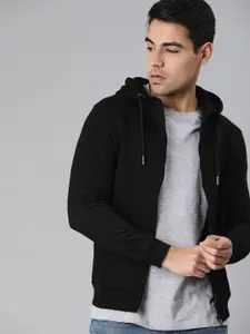 Van Heusen Men Black Solid Hooded Sweatshirt