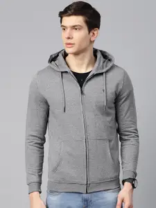 Van Heusen Men Grey Melange Solid Hooded Sweatshirt