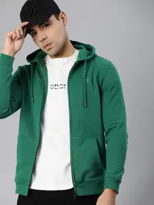 Van Heusen Men Green Solid Hooded Sweatshirt