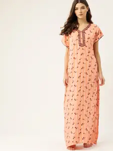 ETC Peach-Coloured & White Striped & Floral Print Maxi Nightdress with Side Slit